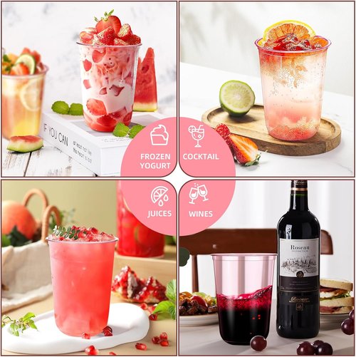 KesaPlan 50 Pcs Pink Plastic Cups - 16oz Disposable Stemless Wine Glasses for Parties & Events