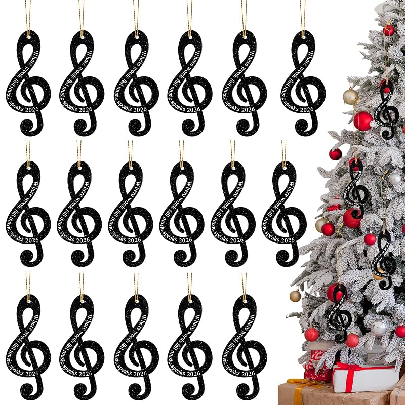24 Pcs Treble Clef Christmas Ornaments – Black Glitter Acrylic, Includes Variation Black+24