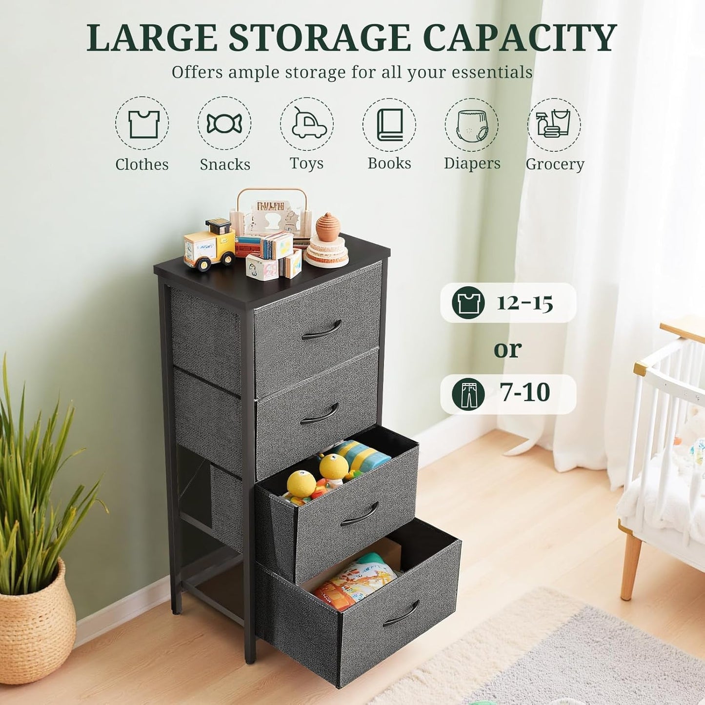 Regine Switzerland 4-Drawer Nightstand - Stylish Gray Bedside Table with Wooden Top & Fabric Bins