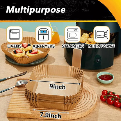 Airfryer Liners - 9 Inch Disposable Square Parchment Paper for COSORI 6Qt & Ninja 5QT | Non-Stick & Oil Resistant