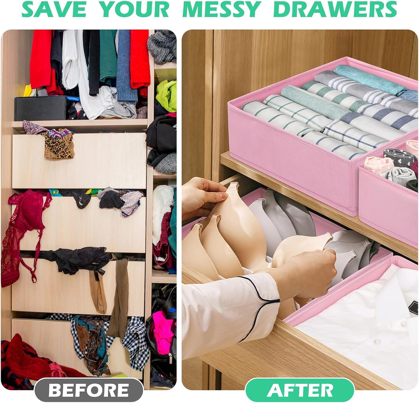 Skiennix Drawer Organizer - 16-Pack Fabric Dividers for Underwear, Baby Clothes & Accessories - Pink