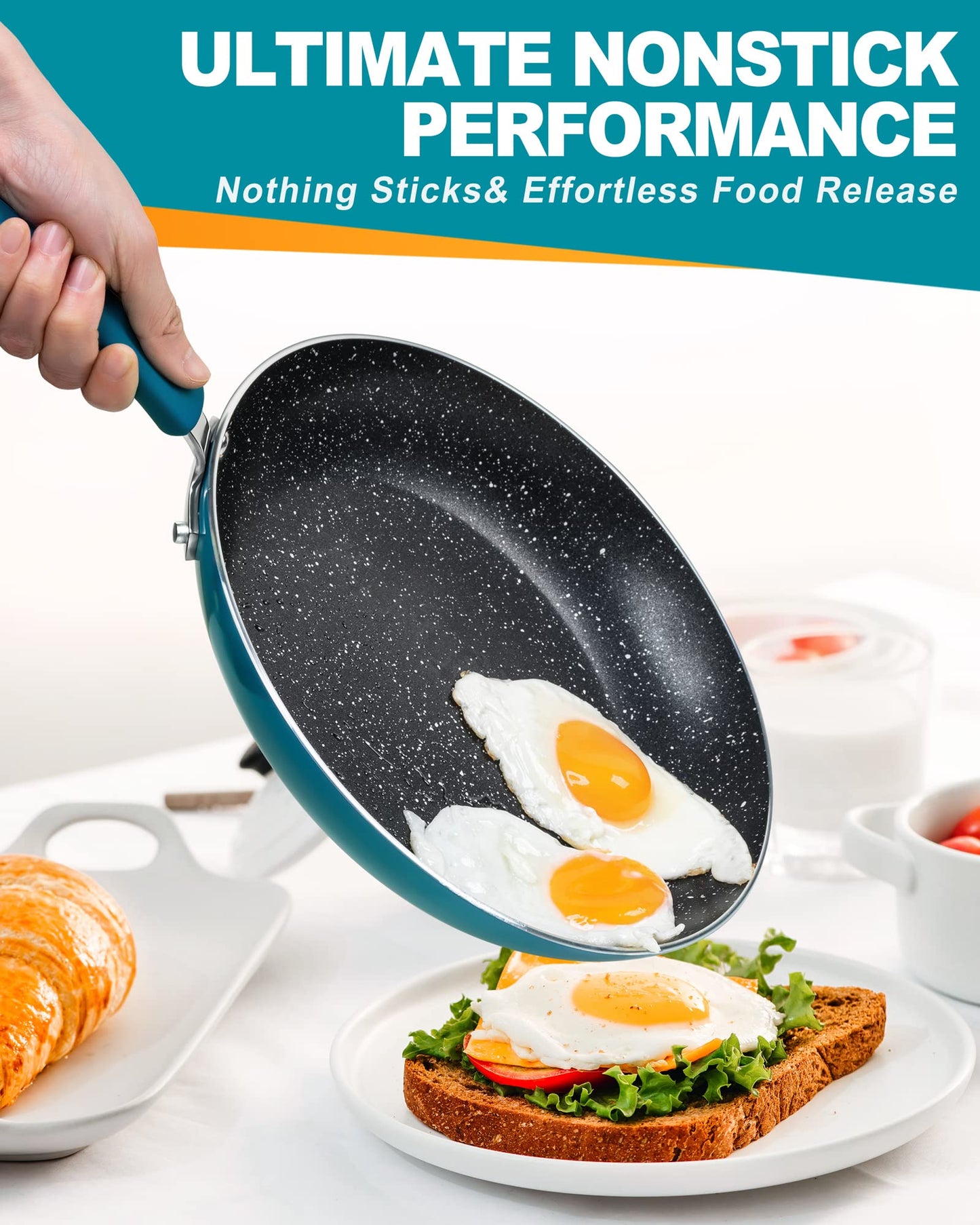 MICHELANGELO Nonstick Frying Pan with Lid, Enameled 10 Inch Frying Pan Non Stick Fry Pan with Silicone Handle, Non-Toxic Skillet with Granite Interior, Cyan