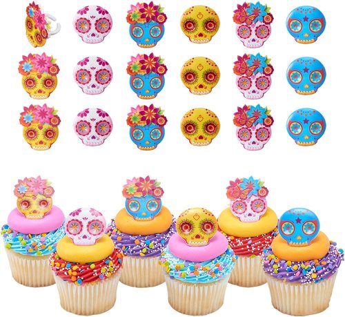 DecoPac Calavera Mask Cupcake Toppers - 24 Día de los Muertos Skull Mask Rings for Celebrations