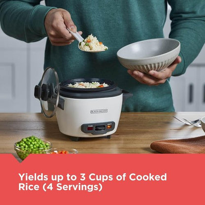 BLACK+DECKER 3-Cup Rice Cooker - One-Touch Operation, Removable Non-Stick Bowl, White Finish