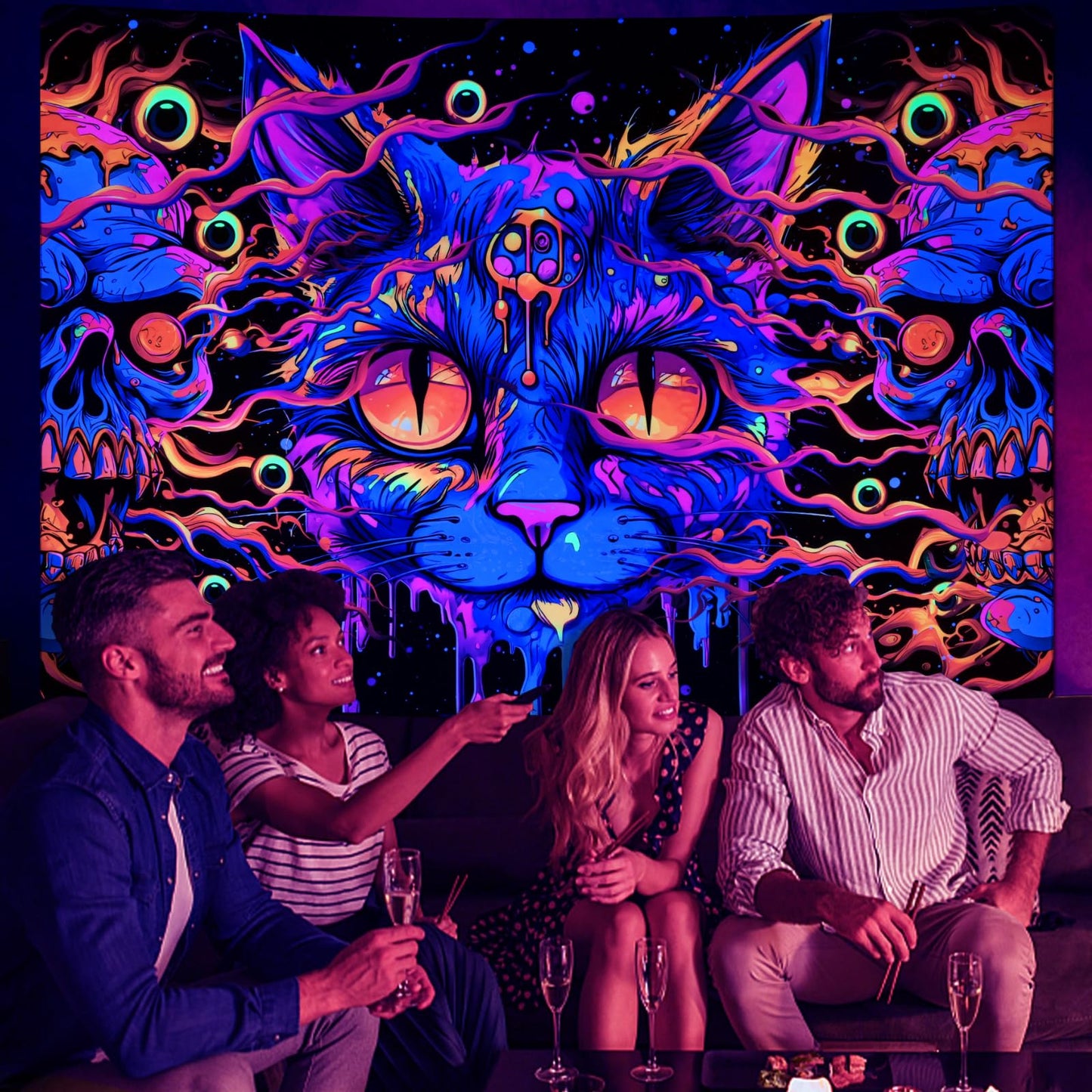 Uspring Trippy Blacklight Skull Tapestry Gothic Cat Skeleton Tapestries Hippie Eyes Tapestry UV Large Tapestry Psychedelic Wall Tapestry Hanging for Bedroom (59.1 x 82.7 inches)