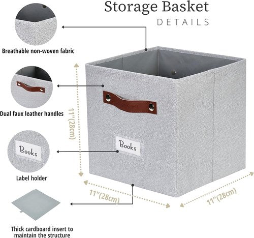 DECOMOMO Storage Bins - Fabric Cube Storage Bins with Labels | 11" Light Texture Grey (6pcs)