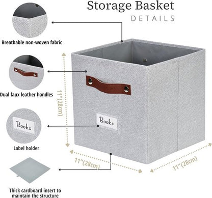 DECOMOMO Storage Bins - Fabric Cube Storage Bins with Labels | 11" Light Texture Grey (6pcs)