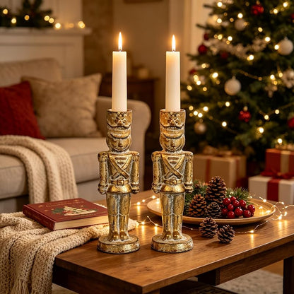 Set of 2 Gold Nutcracker Candle Holders - Handcrafted Iron Christmas Decor (Variation: Gold Nutcracker)