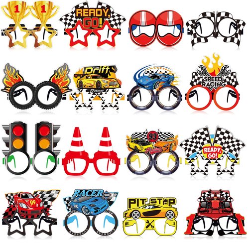 Herdear 32 Pack Race Car Party Favors for Boys - Racing Paper Glasses Frames Checkered Flag Eyeglasses for Kids Birthday Party Supplies, Baby Shower Photo Booth Props, Racing Theme Goody Bag Fillers