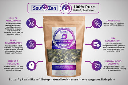 Sou Zen Butterfly Pea Flowers (80 g) Dried Tea Leaves | Natural, Raw Drink Mix w/Antioxidants, Organic Nootropics | Promotes Relaxing Calm, Stress Relief | Thai Herbal