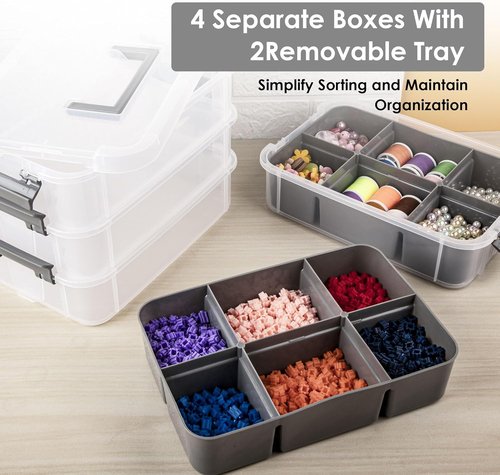 CraftGenes Grey & White Modern Plastic Storage Box - 4-Layer Durable Organizer with 2 Removable Trays for Crafts & Office Supplies