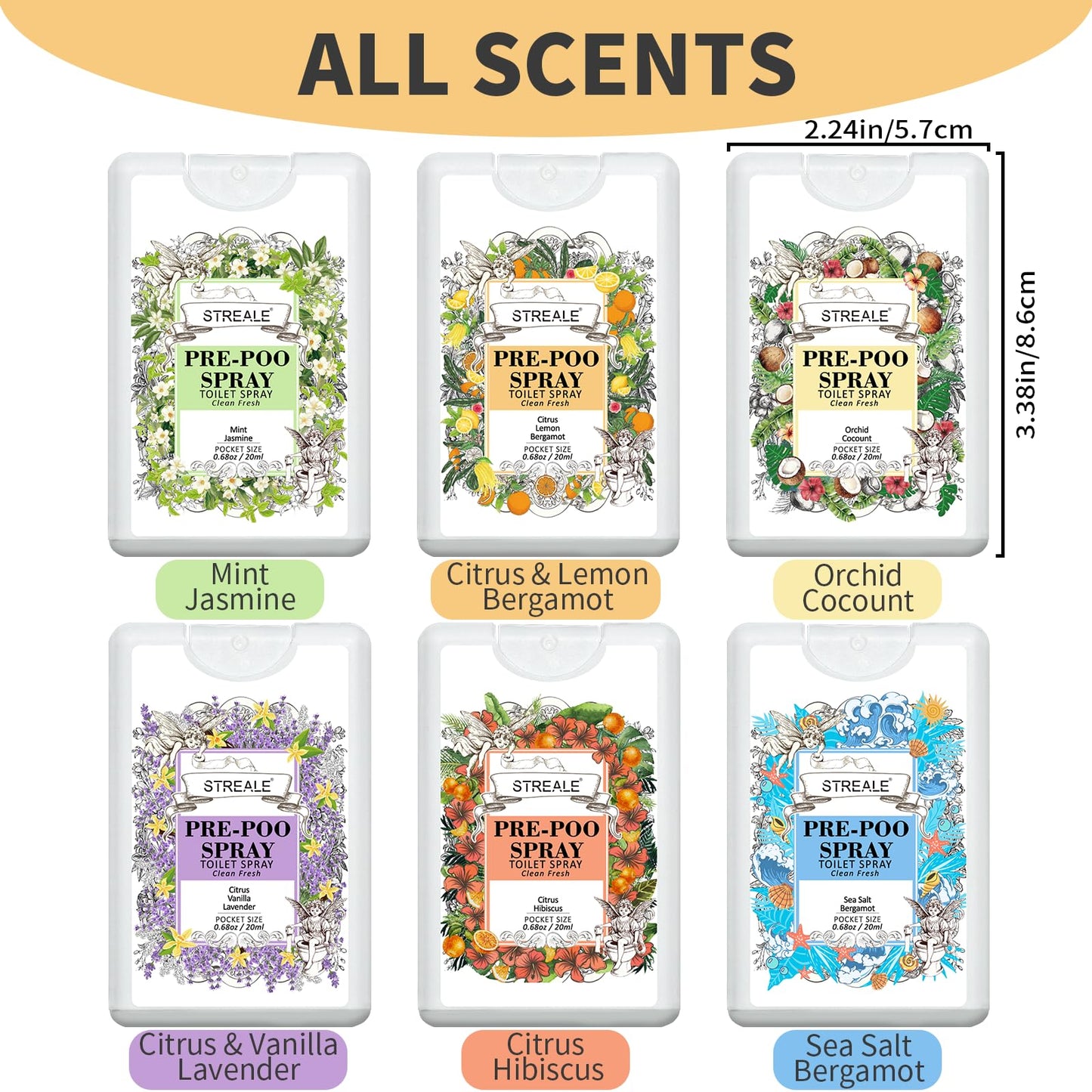 Travel Size Toilet Spray 6-Pack, Travel Essentials Toiletries, Pocket Size Pre-Poo Spray, Bathroom Odor Deodorizer, Up to 240 Uses, 6 Refreshing Scents