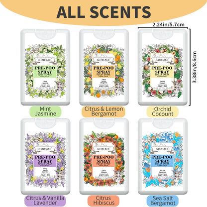 Travel Size Toilet Spray 6-Pack, Travel Essentials Toiletries, Pocket Size Pre-Poo Spray, Bathroom Odor Deodorizer, Up to 240 Uses, 6 Refreshing Scents