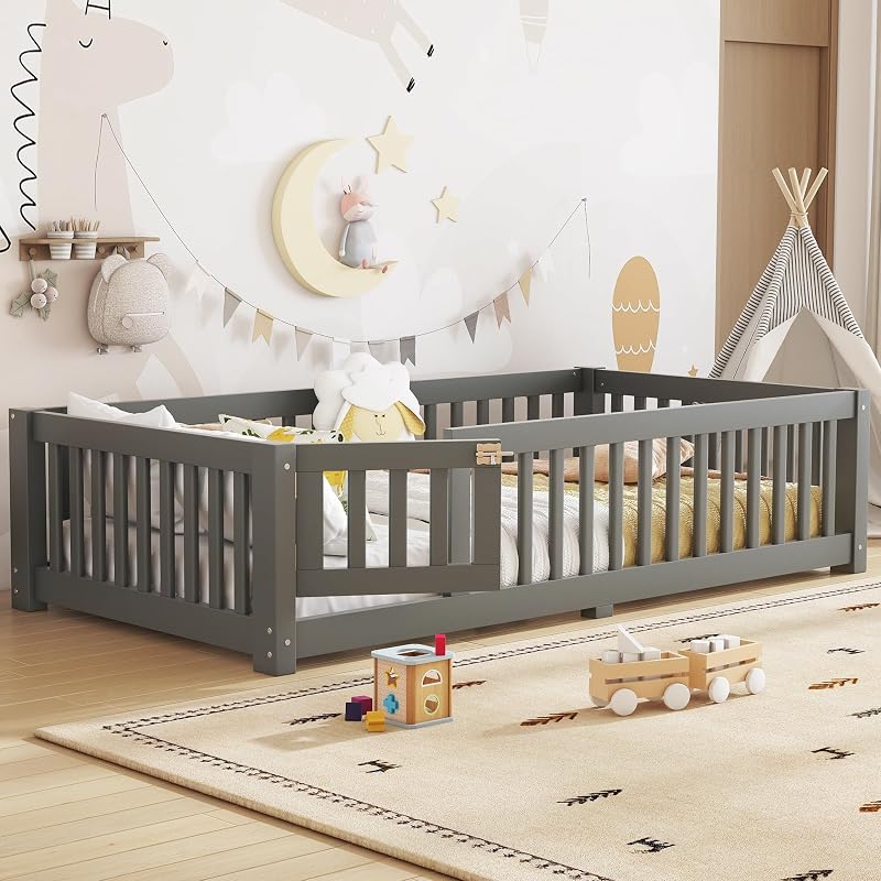 Twin Size Montessori Floor Bed with Door, Fence & Slats – Grey + Twin