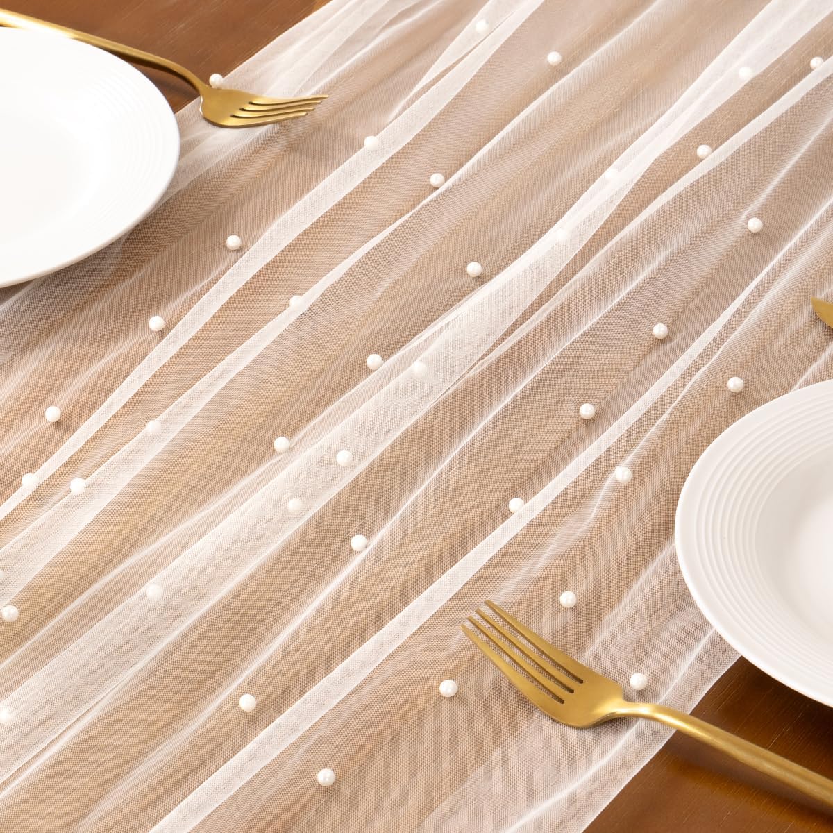 Socomi Pearl Table Runner - Elegant Tulle in Ivory White for Spring & Easter | 10FT Gauze Dining Decor