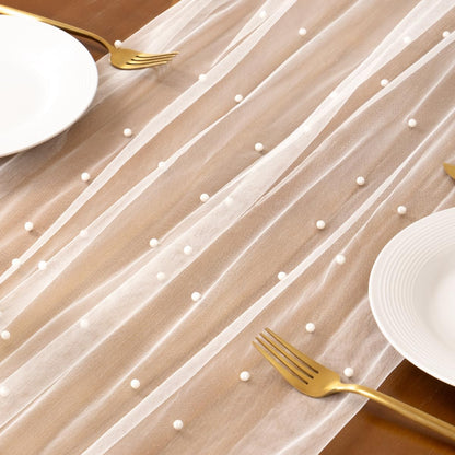 Socomi Pearl Table Runner - Elegant Tulle in Ivory White for Spring & Easter | 10FT Gauze Dining Decor