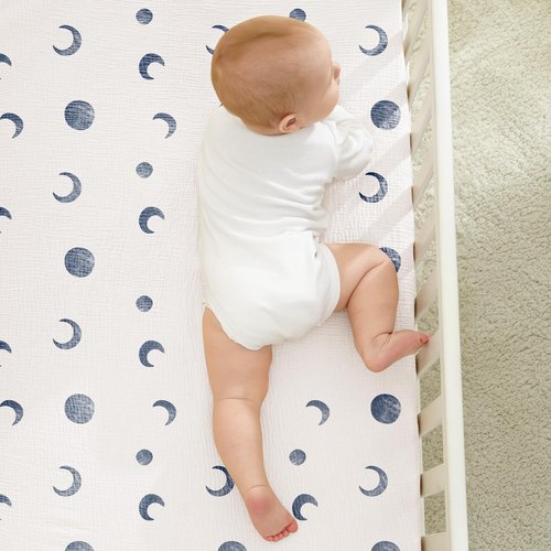 Bearmoss Muslin Crib Sheets 100% Cotton Baby Crib Sheets Soft&Breathable Nursery Sheet 52"x28" for Standard Crib Mattress&Toddler Bed Mattress - 2 Pack (Blue Crescent)