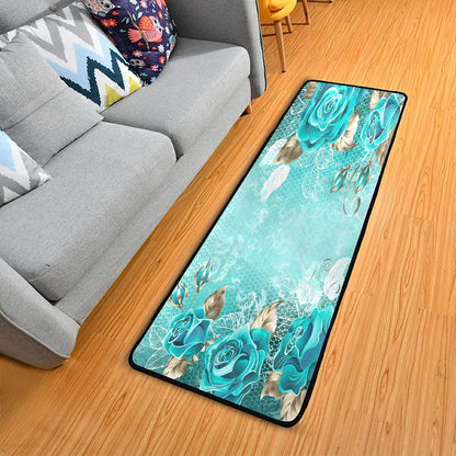 Vdsrup Turquoise Roses Flowers Runner Rug Gold Leaves Teal Green Kitchen Laundry Rugs Bath Mats Doormat Non Slip Area Rug Soft Floor Door Mats Home Decor 72x24 Inch