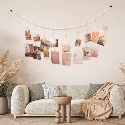 Skiennix Hanging Photo Display - 18 Wood Clips & Boho Wooden Bead Wall Décor for Bedroom & Living Room
