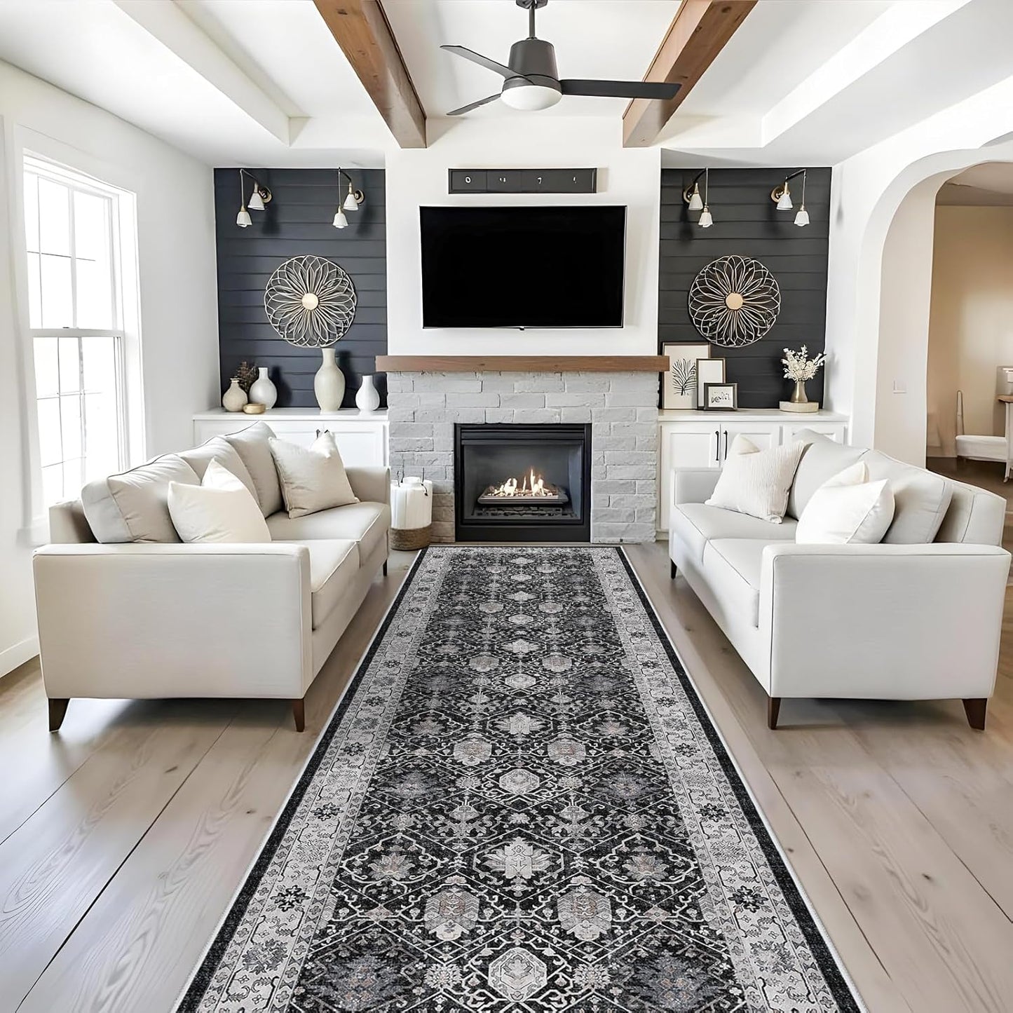 Regine Switzerland Washable 4x12 Hallway Runner Rug - Vintage Soft Carpet, Stain Resistant, Non-Slip Backing, Black