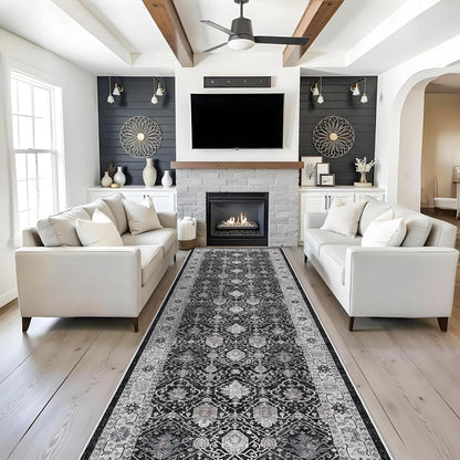 Regine Switzerland Washable 4x12 Hallway Runner Rug - Vintage Soft Carpet, Stain Resistant, Non-Slip Backing, Black