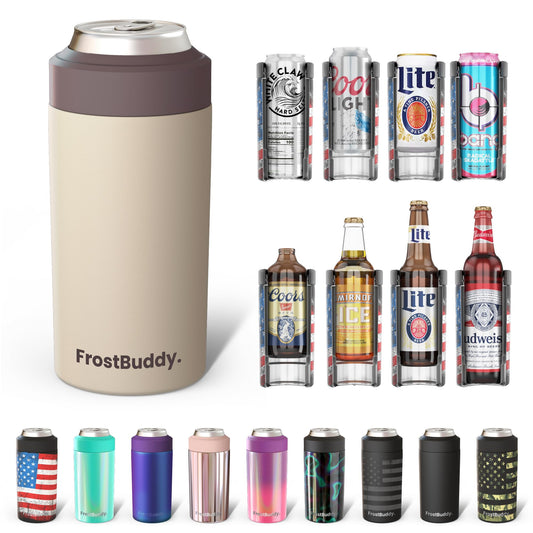 Frost Buddy Universal Can Cooler - Fits all - Stainless Steel Can Cooler for 12 oz & 16 oz Regular or Slim Cans & Bottles - Stainless Steel