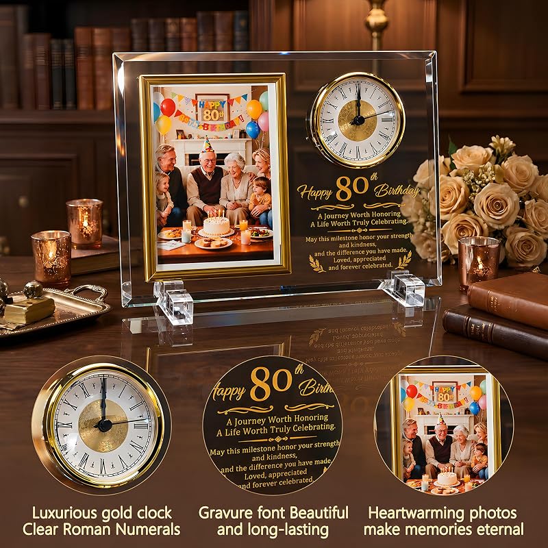 80th Birthday Glass Photo Frame Quartz Clock - 4x6 Photo Display - Gold-Tone Keepsake (Variation: 80th Birthday)