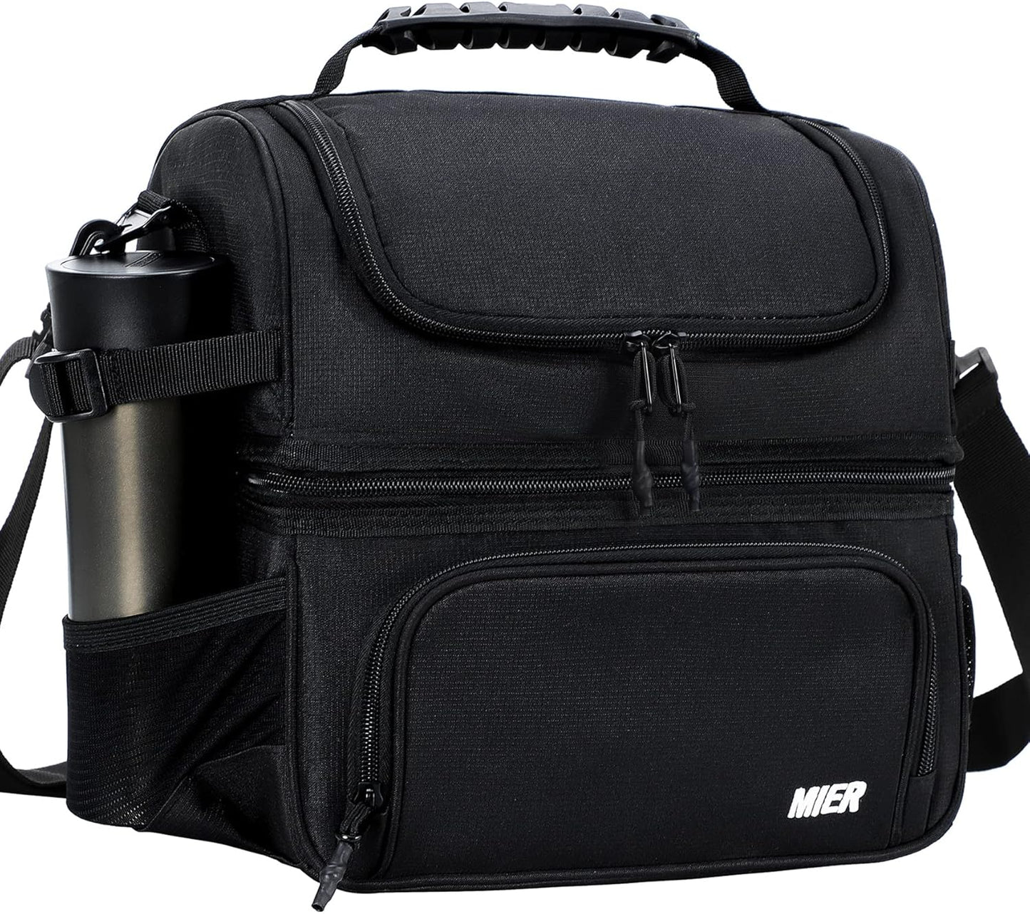 MIER Insulated Lunch Bag Tote - Dual Compartment Cooler with Shoulder Strap | Leakproof, Black