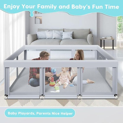 Fshibila Large Baby Playpen - Sturdy Safety Playard with Soft Mesh | 74" x 50", Grey for Indoor & Outdoor Use