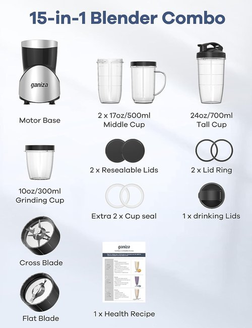 Ganiza Smoothie Blender - 900W Personal Blender with 15-Piece Combo & 4 BPA-Free Cups | Perfect for Shakes & Smoothies