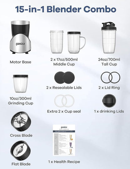 Ganiza Smoothie Blender - 900W Personal Blender with 15-Piece Combo & 4 BPA-Free Cups | Perfect for Shakes & Smoothies