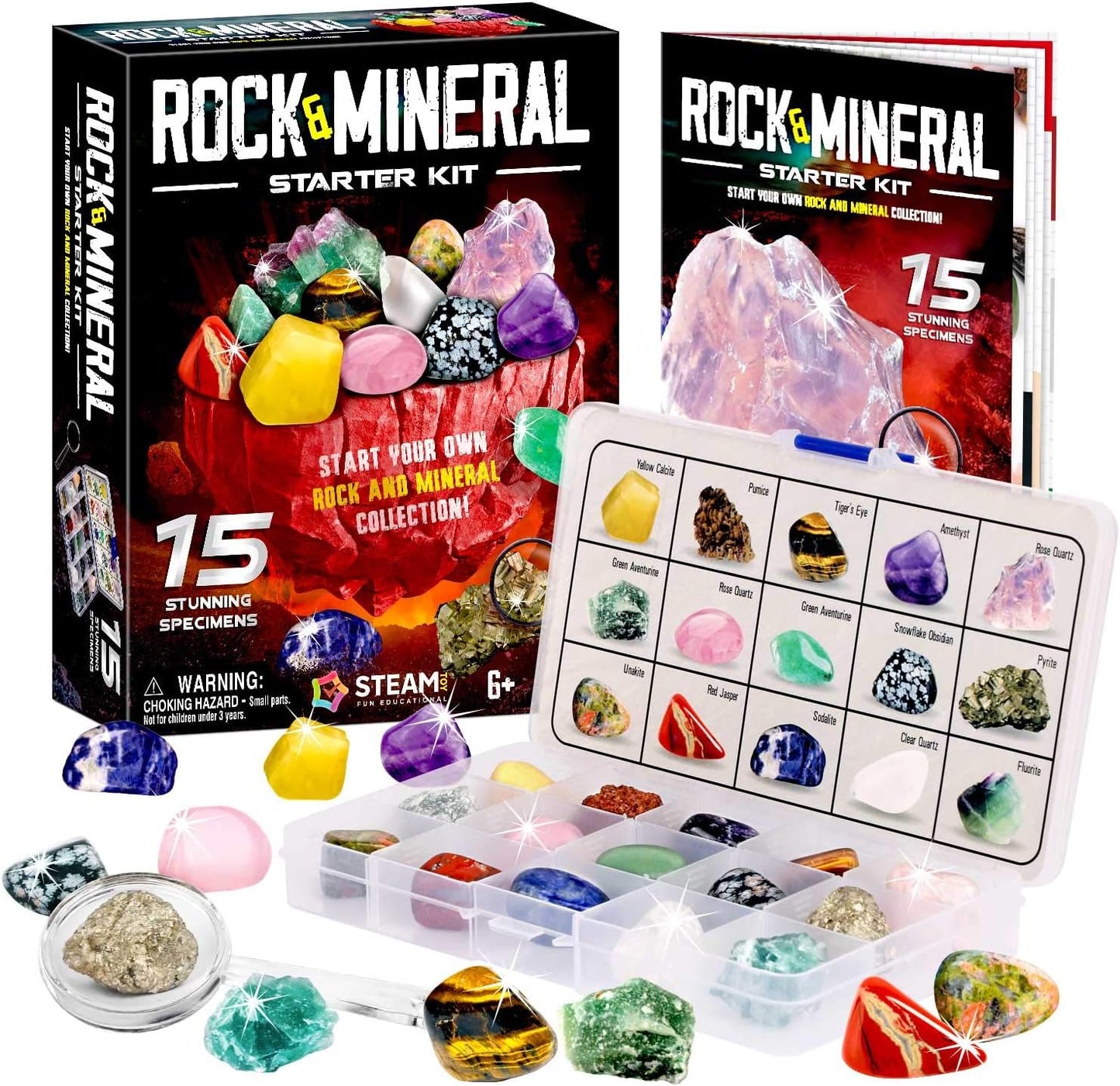 Rocks Collection - 15-Piece Geology Gem Kit for Kids | Educational Rock Set with Identification Sheet & Storage Case