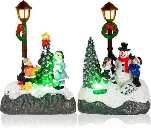 Karenhi Christmas Village Set - 2 Pcs Snowman, Tree & Santa Figurines with LED Lights | Rustic Tabletop Decor