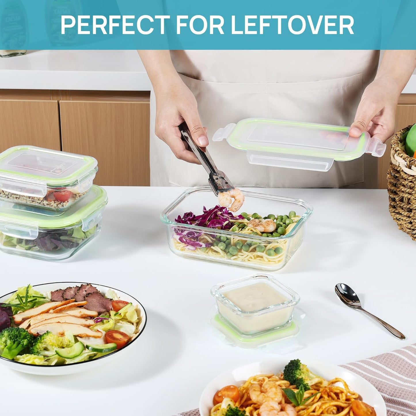 Vtopmart Glass Food Storage Containers - 8 Pack with Lids in Stylish Grass Green Color
