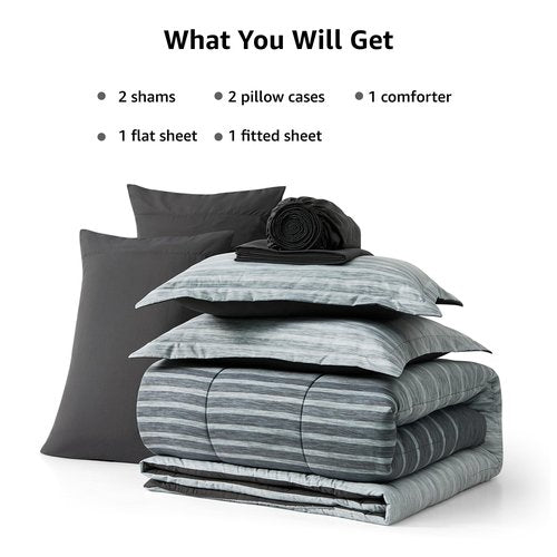 Monbix Queen Comforter Set - 7 Pieces Bed in a Bag Queen, Grey-Stripe Bedding Sets, All Seasons Comforter Bed Set with Sheets, Pillowcases & Shams