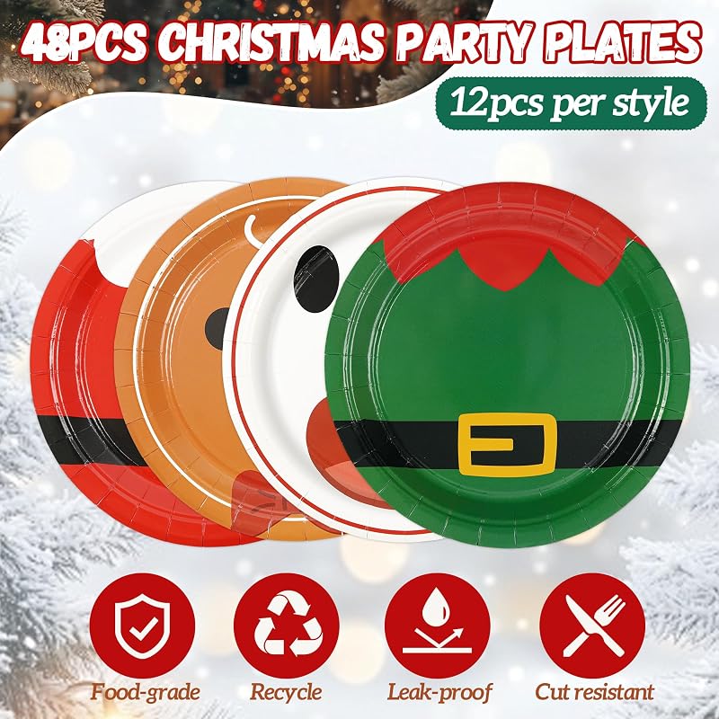 48-Pack 9inch Disposable Christmas Plates - Red & Green Santa Theme, 4 Styles