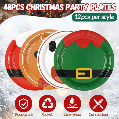 48-Pack 9inch Disposable Christmas Plates - Red & Green Santa Theme, 4 Styles