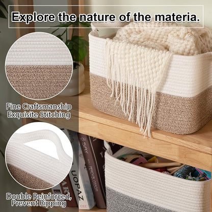 OIAHOMY Woven Storage Basket - Rectangle Cotton Rope Organizer for Toys, Towels & Books | 13 x 10 x 9 in, Brown & White