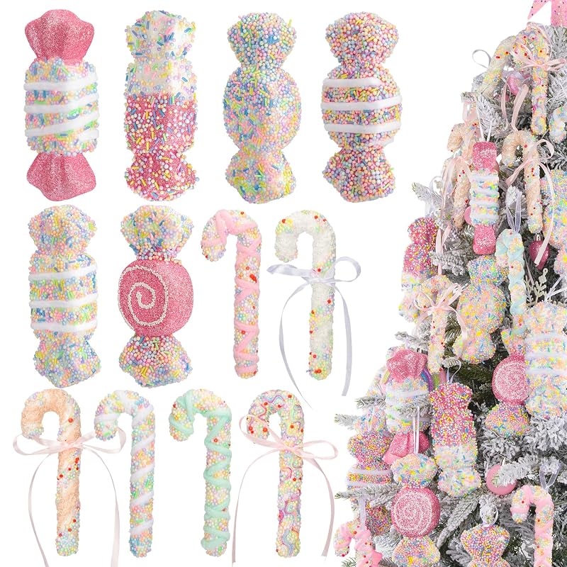 Pastel Candy Cane Christmas Ornaments 12Pcs – Candyland Theme Bows & Lollipops (Variation: Candy)