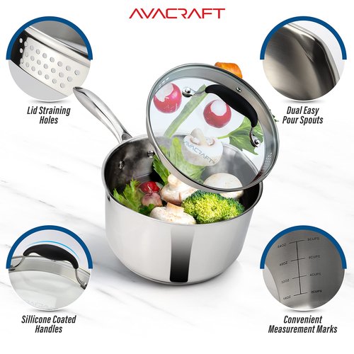 AVACRAFT Stainless Steel Saucepan with Glass Strainer Lid, Two Side Spouts for Easy Pour with Ergonomic Handle, Multipurpose Sauce Pot (5-Ply Capsule Bottom, 2.5 Quart)