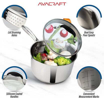 AVACRAFT Stainless Steel Saucepan with Glass Strainer Lid, Two Side Spouts for Easy Pour with Ergonomic Handle, Multipurpose Sauce Pot (5-Ply Capsule Bottom, 2.5 Quart)