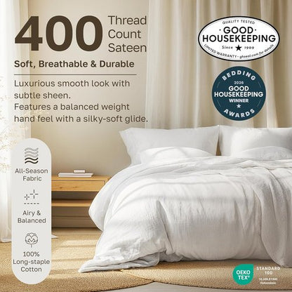 California Design Den Twin Cotton Sheets Set - 400 Thread Count Soft & Breathable Sateen | Bright White, 2-Pack