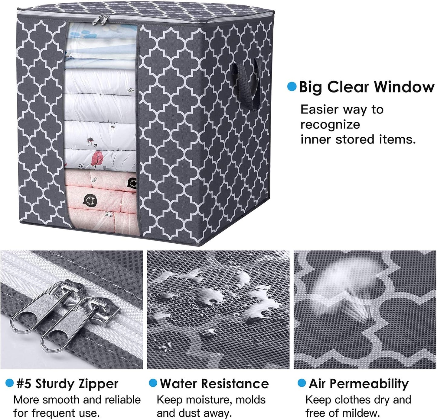 WISELIFE Storage Bags - 4 Pack 100L Large Blanket and Clothes Organizers | Foldable with Clear Window & Reinforced Handles, Gray