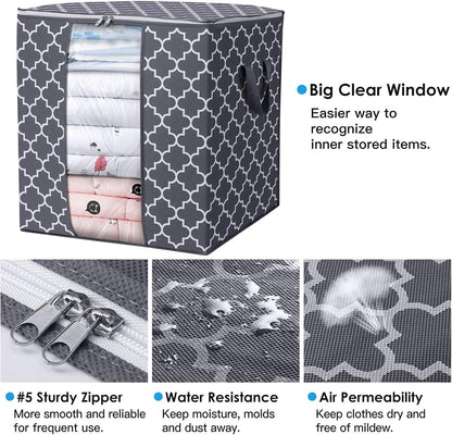 WISELIFE Storage Bags - 4 Pack 100L Large Blanket and Clothes Organizers | Foldable with Clear Window & Reinforced Handles, Gray