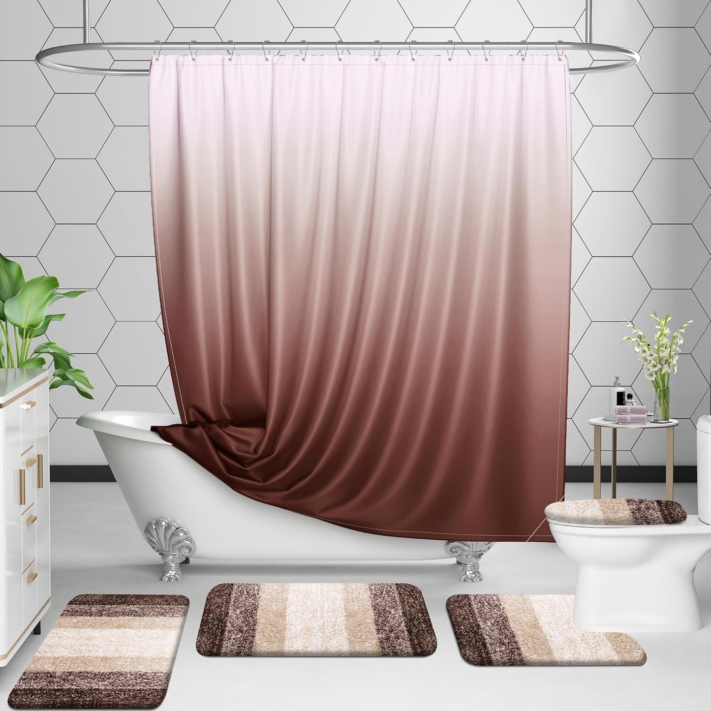 OLANLY Bathroom Rugs Set - Soft Absorbent Microfiber Mats & U-Shaped Contour Rug | Brown, 3-Piece Set (30"x20"+24"x16"+24"x20")