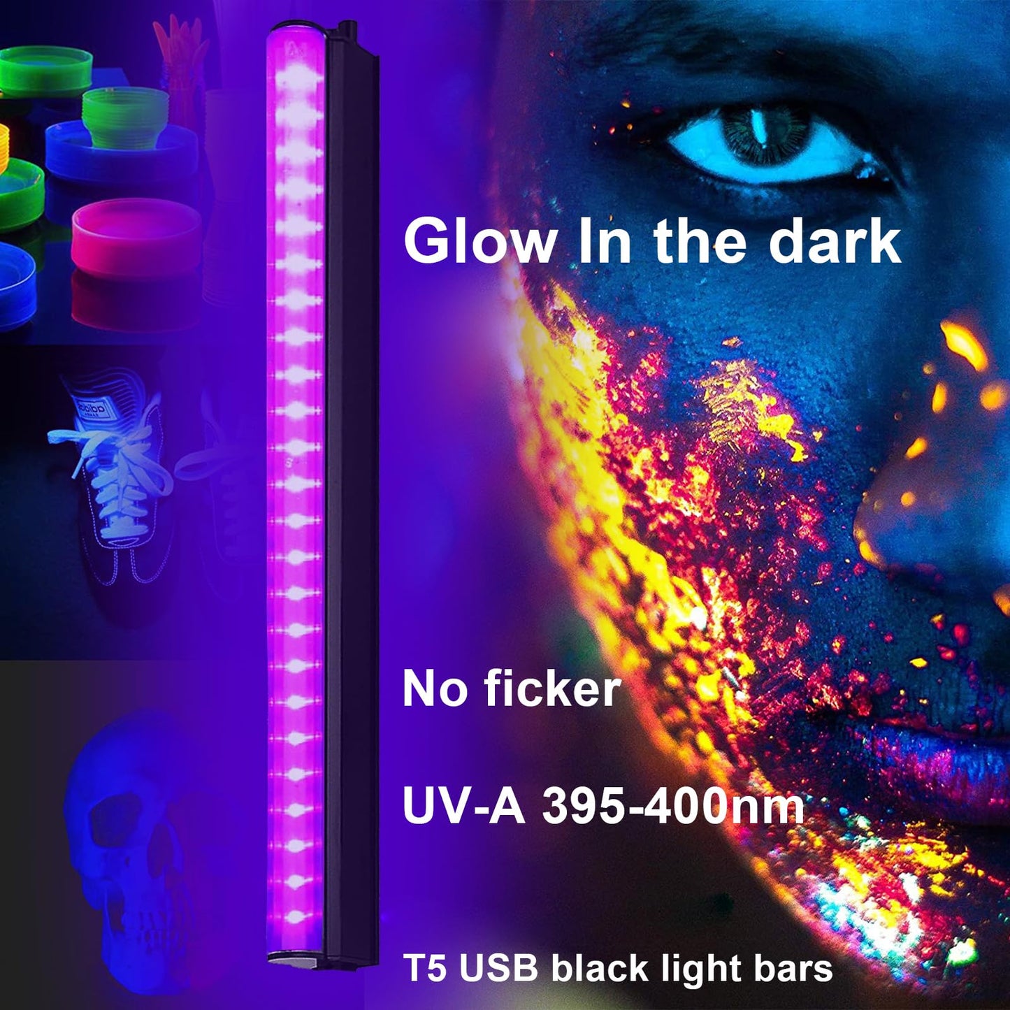 BOSITE 2 Pack 10W Black Light Bar 1ft T5 LED Blacklight Bar 395-400nm UV Black Light Fixtures USB Black Light Tube Black Lights for Glow Party Bedroom Body Paint Fluorescent Poster Tapestry Birthday