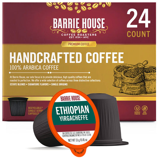 Barrie House Ethiopian Yirgacheffe Single Serve Coffee Pods, 24 Pack | High Acidity and Clean Finish | Compatible With Keurig K Cup Brewers | Small Batch Artisan Coffee in Convenient Single Cup Capsules