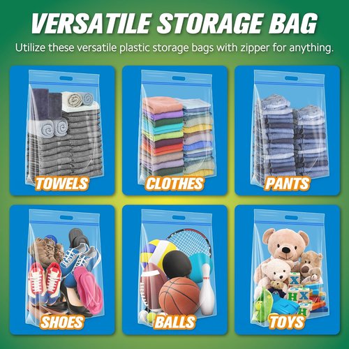 HIBAG 15 Gallon Storage Bags - Extra Large Resealable Clear Bags with Handles | 24” x 24” | Pack of 10