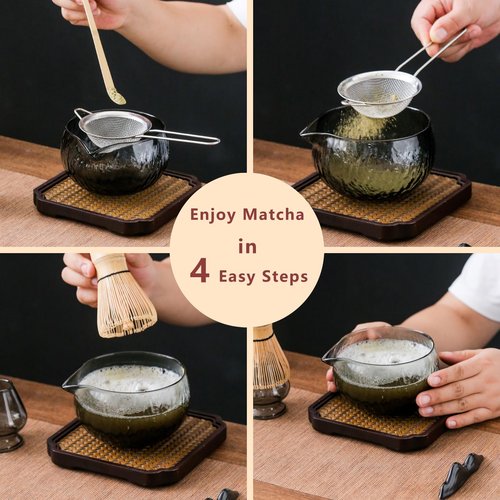Japanese Matcha Set - (8 pcs) Matcha Whisk Set Matcha Bowl with Pouring Spout Bamboo Matcha Whisk (chasen) Scoop (chashaku) Matcha Whisk Holder Tea Making Kit (8pcs/set, Gray Matcha bowl)