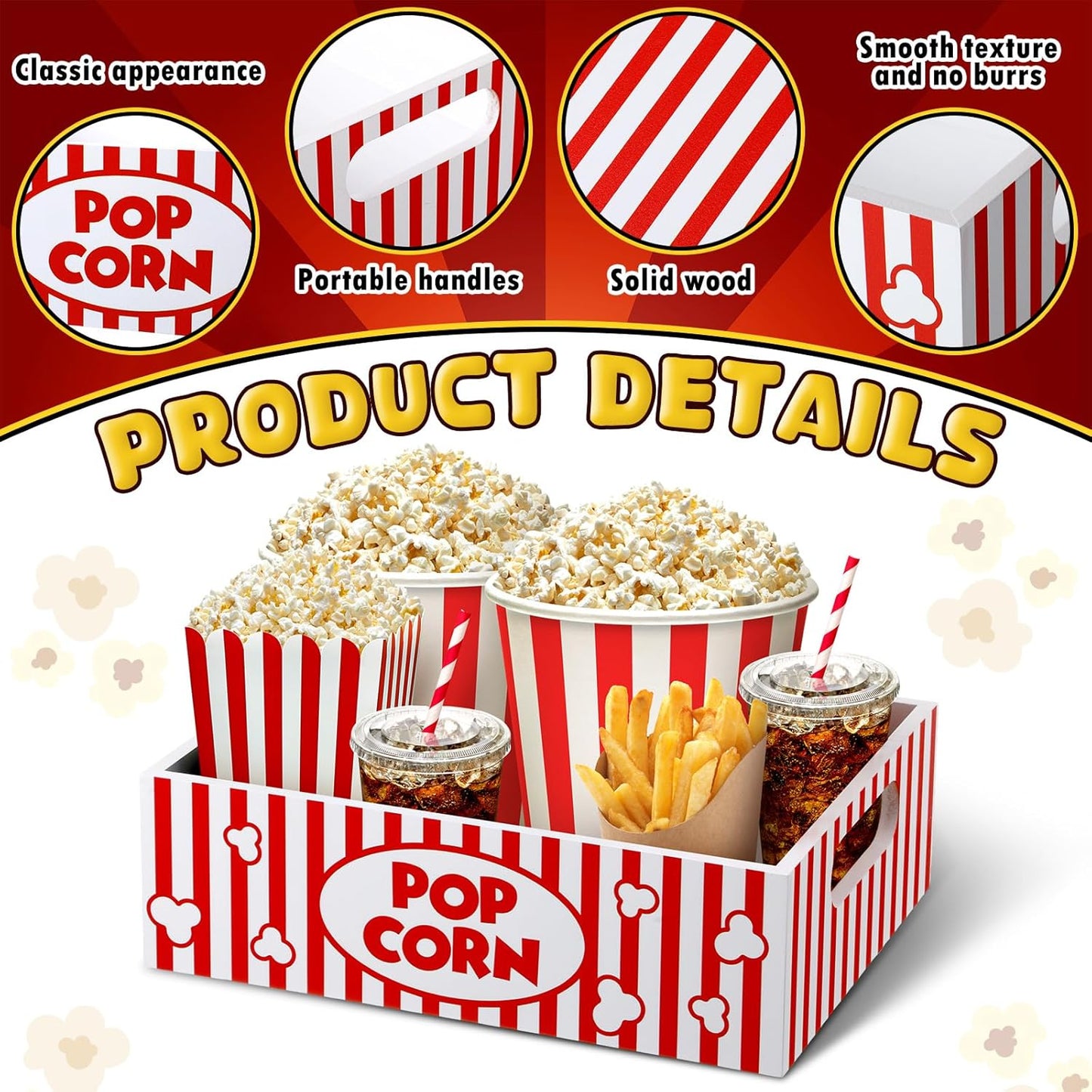 Skiennix Movie Night Snack Trays - Reusable Wooden Gift Basket for Popcorn | Striped Design
